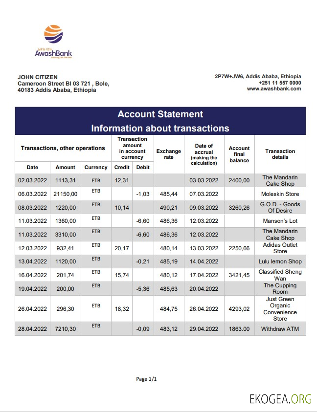 Déclaration de la Banque éthiopienne Awash